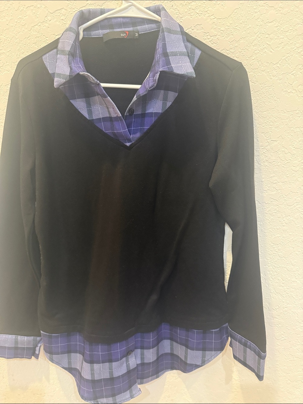 Layered-Look Black and Purple Plaid Women’s Blouse